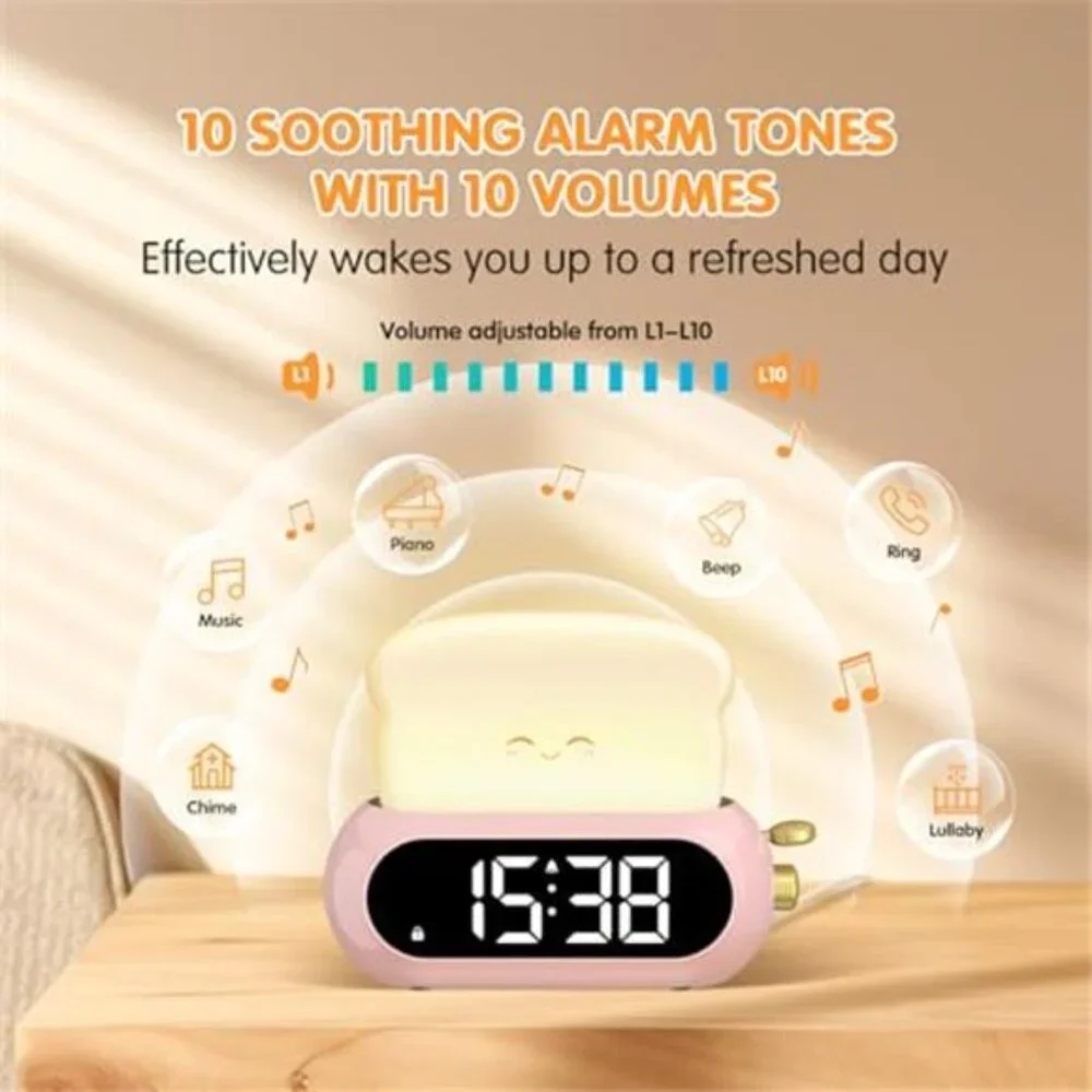 Cute digital alarm clock night light kids bedroom bedside snooze nap timer gift